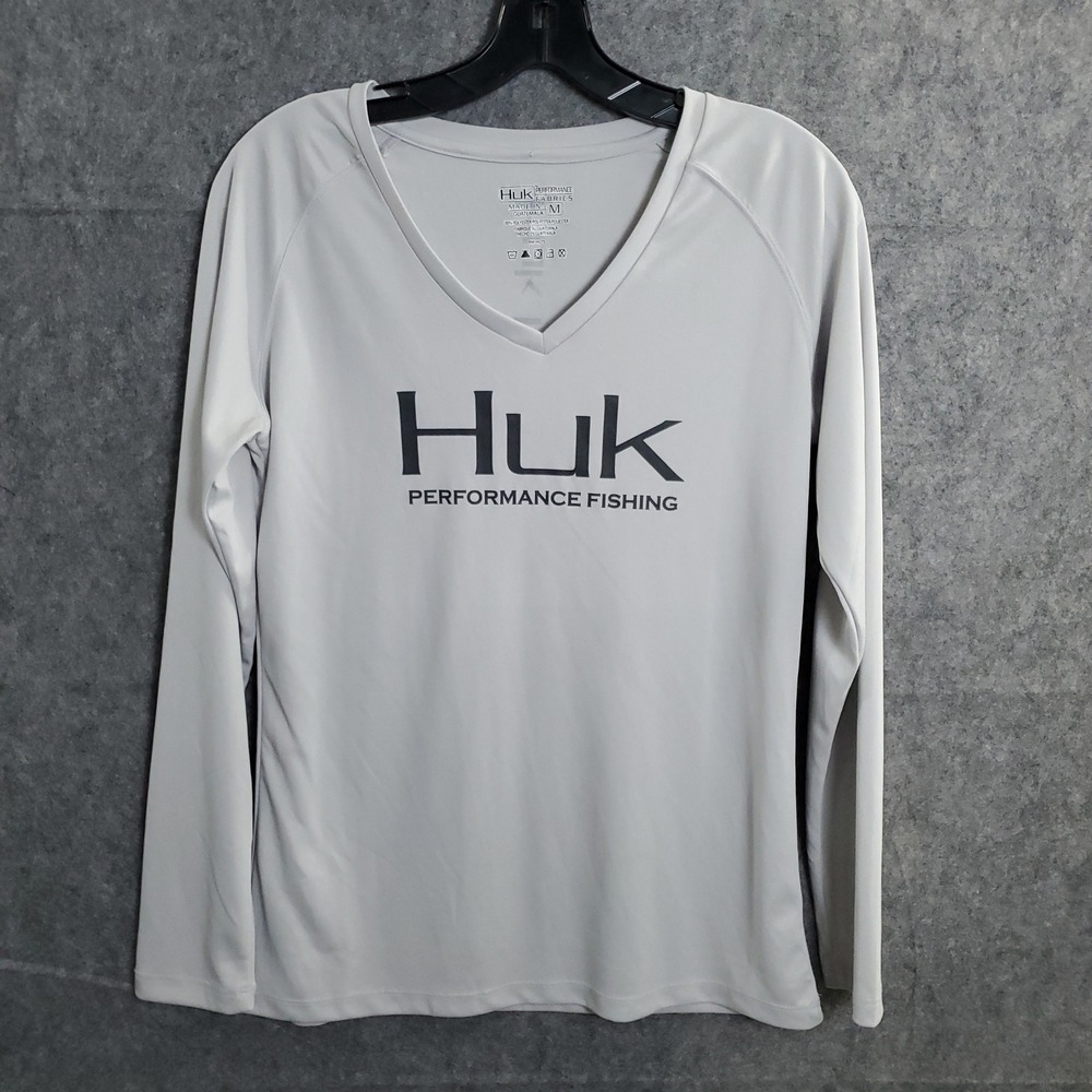 Huk Performance Fishing V Neck Shirt Women's‎ Medium Gray Long Sleeve Top Sports